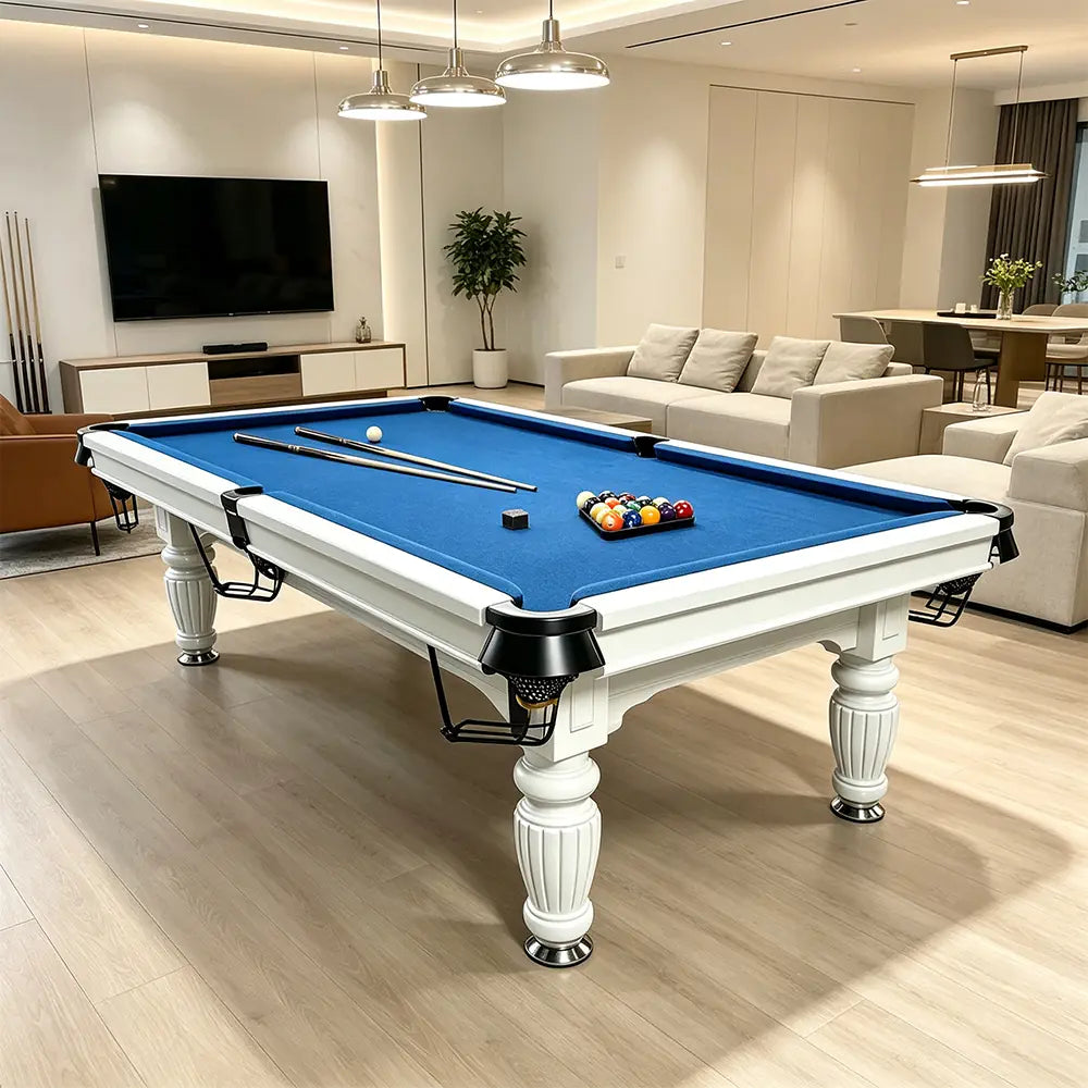 QUESLA 7/8/9FT Slate Pool Table 20mm Slate Solid Timber Adjustable Levellers for Home Club Office - White Frame & Blue Felt