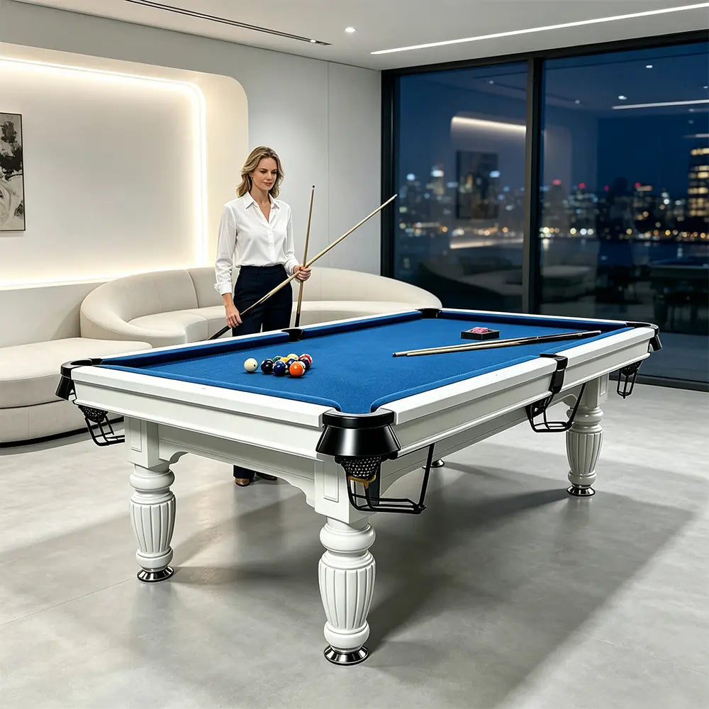 QUESLA 7/8/9FT Slate Pool Table 20mm Slate Solid Timber Adjustable Levellers for Home Club Office - White Frame & Blue Felt