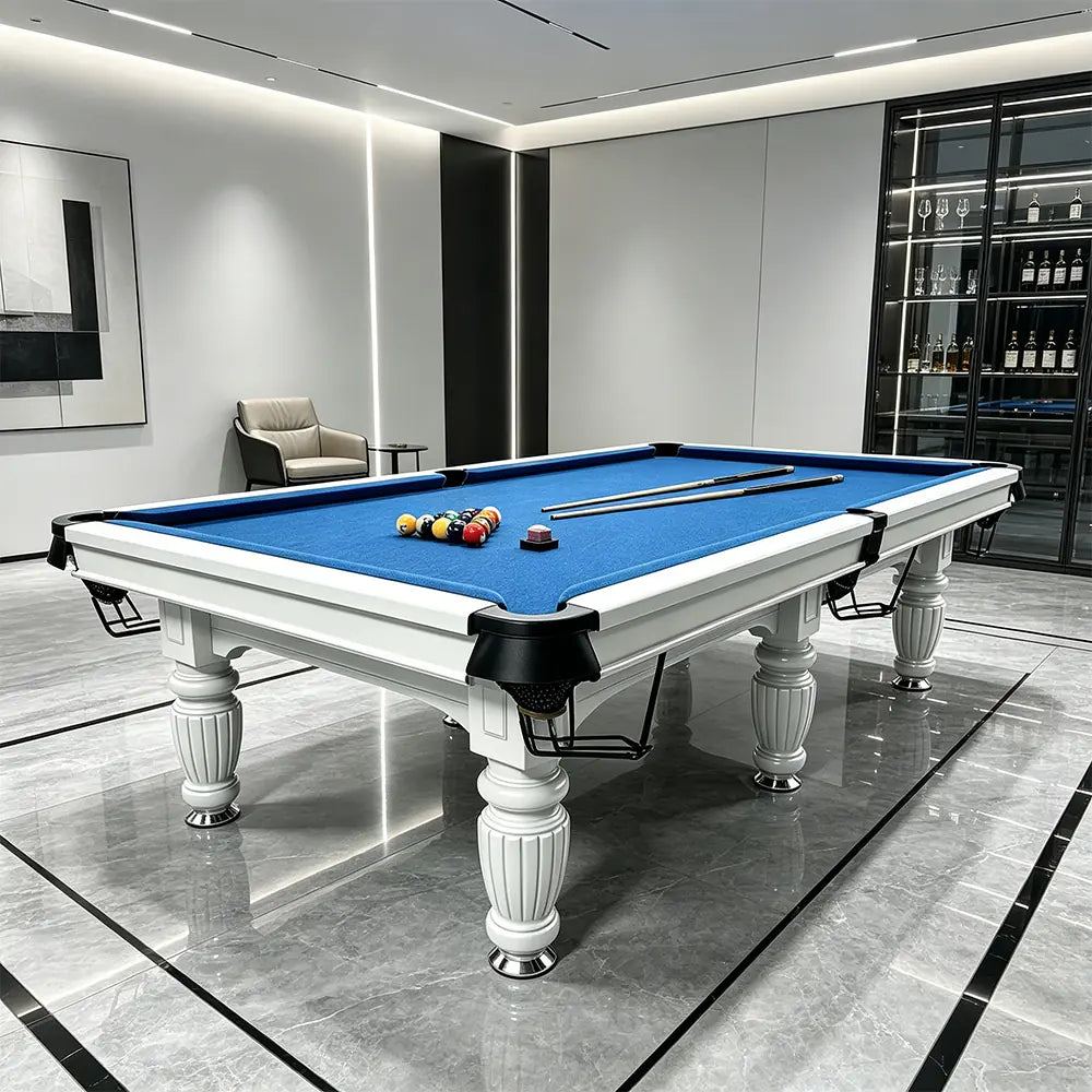 QUESLA 7/8/9FT Slate Pool Table 20mm Slate Solid Timber Adjustable Levellers for Home Club Office - White Frame & Blue Felt