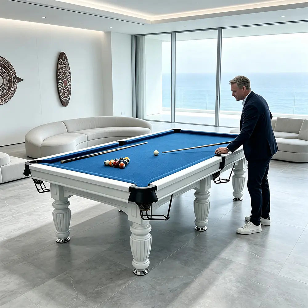 QUESLA 7/8/9FT Slate Pool Table 20mm Slate Solid Timber Adjustable Levellers for Home Club Office - White Frame & Blue Felt