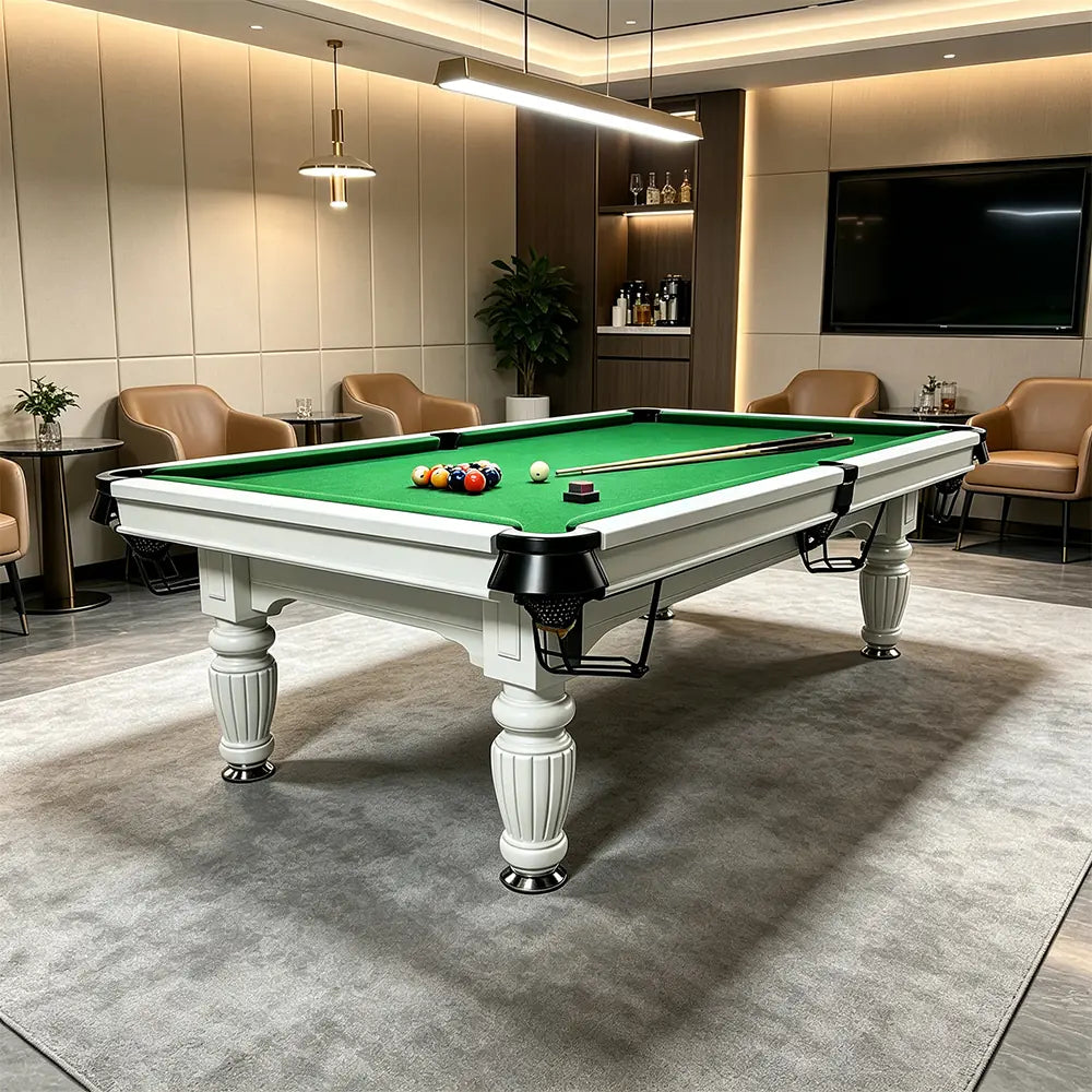 QUESLA 7/8/9FT Slate Pool Table 20mm Slate Solid Timber Adjustable Levellers for Home Club Office - White Frame & Green Felt