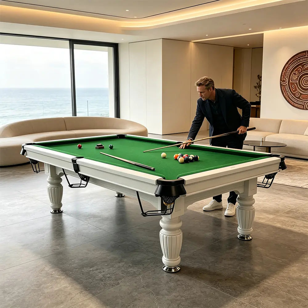 QUESLA 7/8/9FT Slate Pool Table 20mm Slate Solid Timber Adjustable Levellers for Home Club Office - White Frame & Green Felt