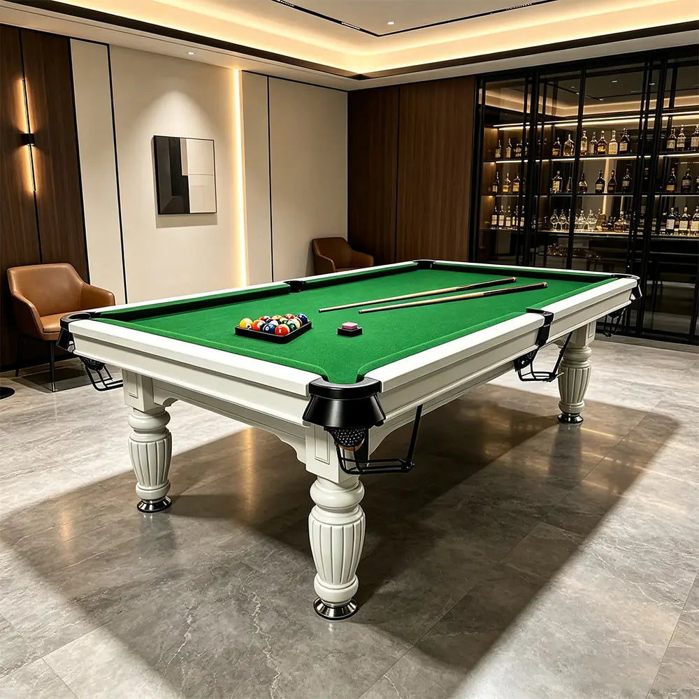 QUESLA 7/8/9FT Slate Pool Table 20mm Slate Solid Timber Adjustable Levellers for Home Club Office - White Frame & Green Felt
