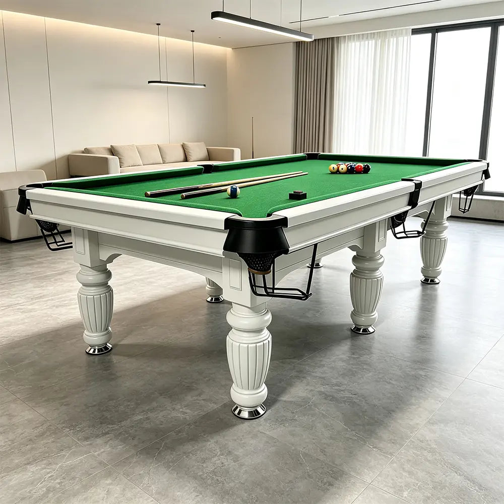 QUESLA 7/8/9FT Slate Pool Table 20mm Slate Solid Timber Adjustable Levellers for Home Club Office - White Frame & Green Felt
