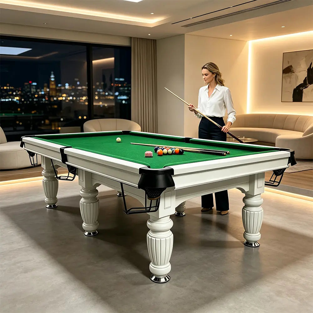 QUESLA 7/8/9FT Slate Pool Table 20mm Slate Solid Timber Adjustable Levellers for Home Club Office - White Frame & Green Felt