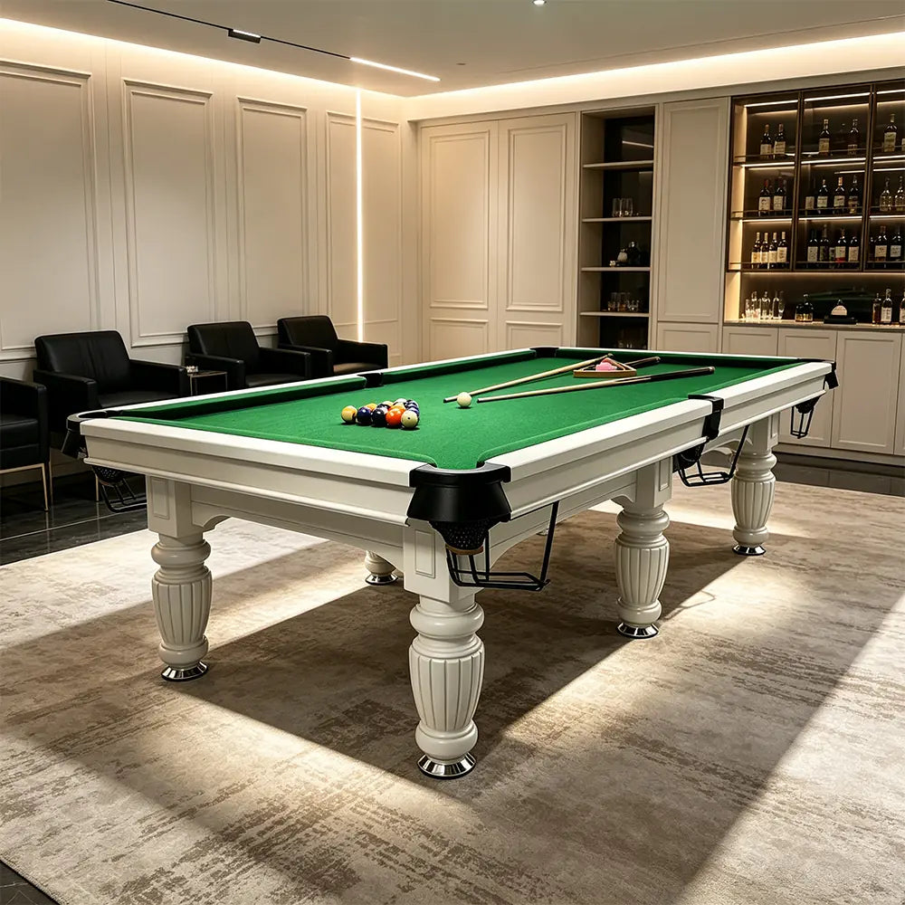 QUESLA 7/8/9FT Slate Pool Table 20mm Slate Solid Timber Adjustable Levellers for Home Club Office - White Frame & Green Felt
