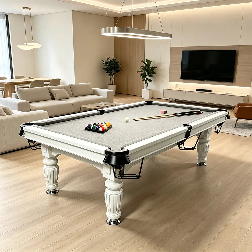QUESLA 7/8/9FT Slate Pool Table 20mm Slate Solid Timber Adjustable Levellers for Home Club Office - White Frame & Grey Felt