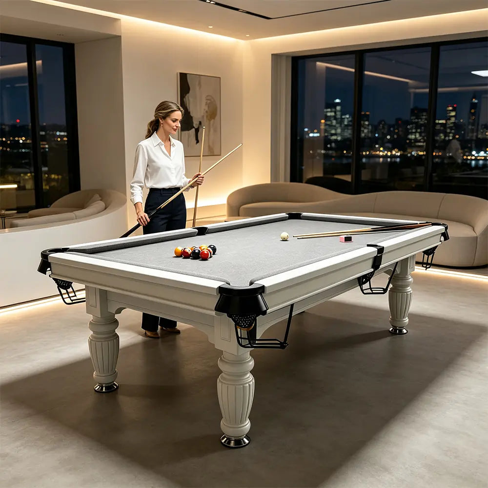 QUESLA 7/8/9FT Slate Pool Table 20mm Slate Solid Timber Adjustable Levellers for Home Club Office - White Frame & Grey Felt