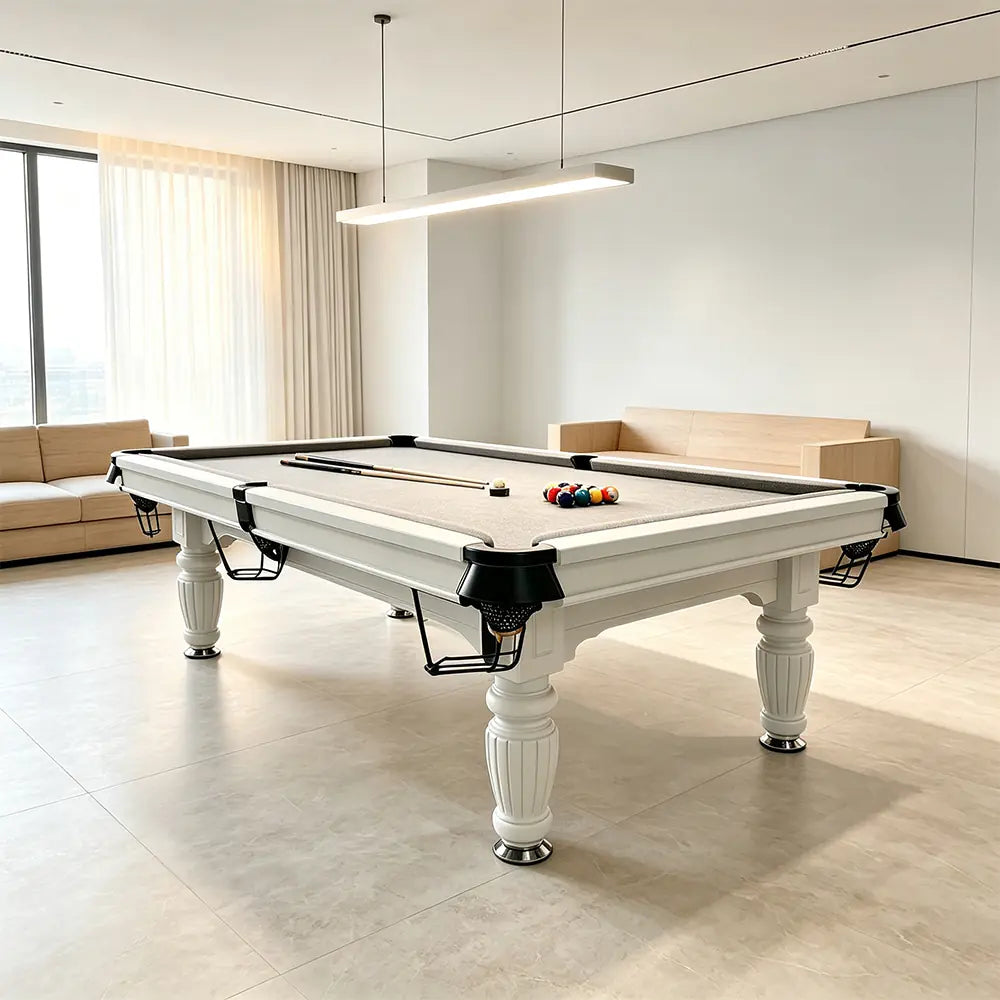 QUESLA 7/8/9FT Slate Pool Table 20mm Slate Solid Timber Adjustable Levellers for Home Club Office - White Frame & Grey Felt