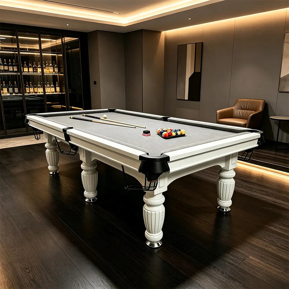 QUESLA 7/8/9FT Slate Pool Table 20mm Slate Solid Timber Adjustable Levellers for Home Club Office - White Frame & Grey Felt