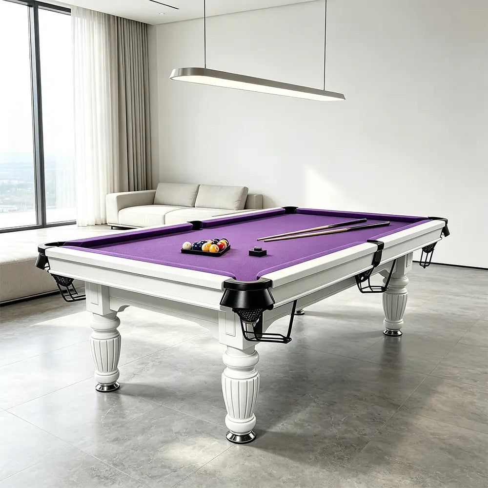 QUESLA 7/8/9FT Slate Pool Table 20mm Slate Solid Timber Adjustable Levellers for Home Club Office - White Frame & Purple Felt
