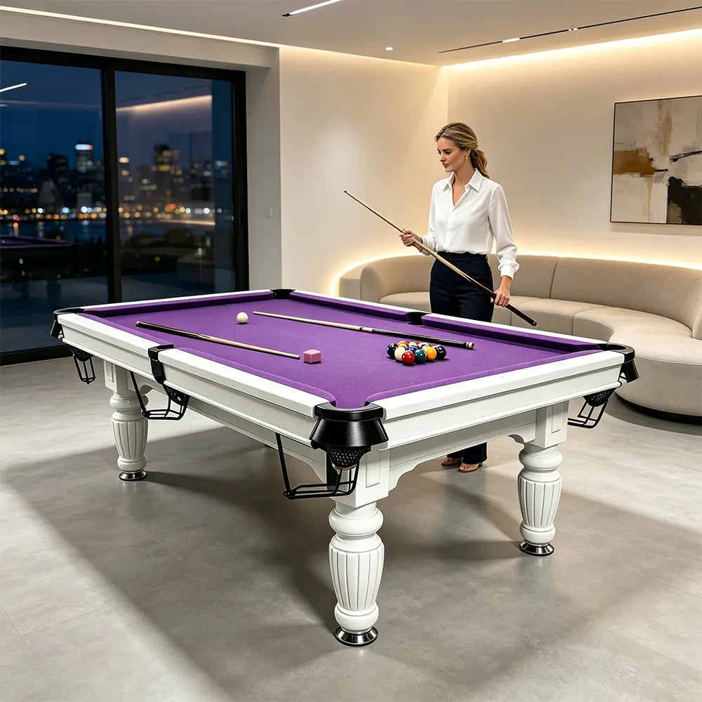 QUESLA 7/8/9FT Slate Pool Table 20mm Slate Solid Timber Adjustable Levellers for Home Club Office - White Frame & Purple Felt