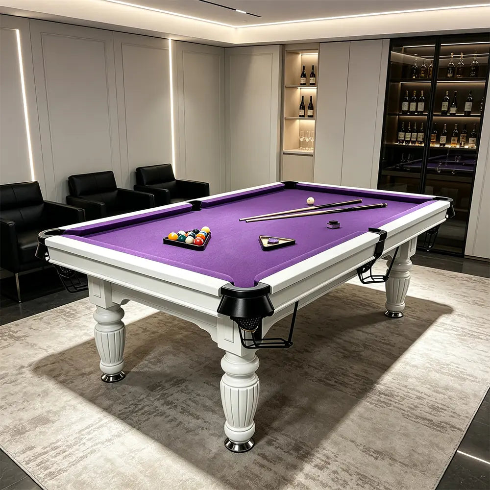 QUESLA 7/8/9FT Slate Pool Table 20mm Slate Solid Timber Adjustable Levellers for Home Club Office - White Frame & Purple Felt
