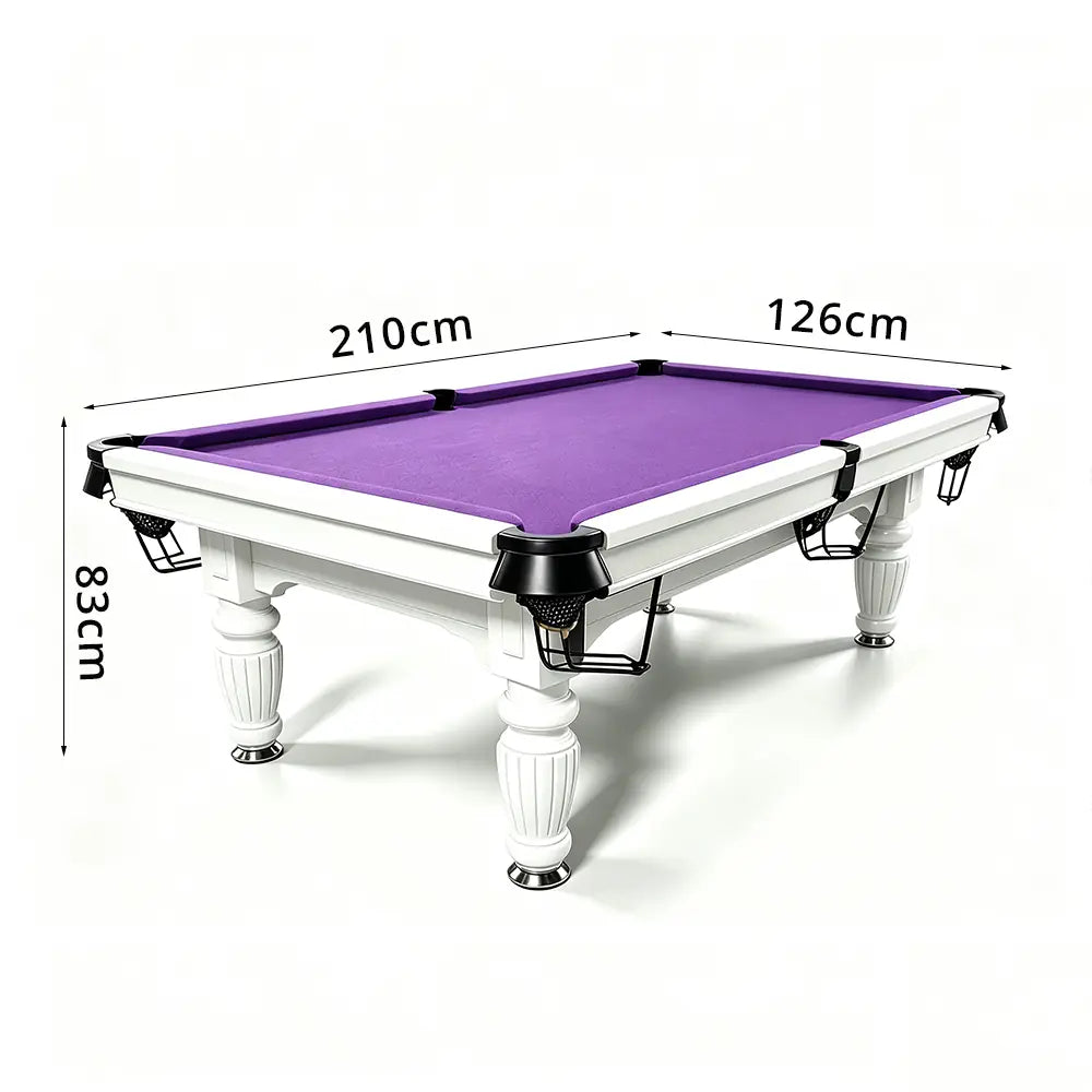 QUESLA 7/8/9FT Slate Pool Table 20mm Slate Solid Timber Adjustable Levellers for Home Club Office - White Frame & Purple Felt