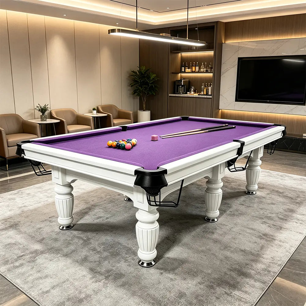 QUESLA 7/8/9FT Slate Pool Table 20mm Slate Solid Timber Adjustable Levellers for Home Club Office - White Frame & Purple Felt
