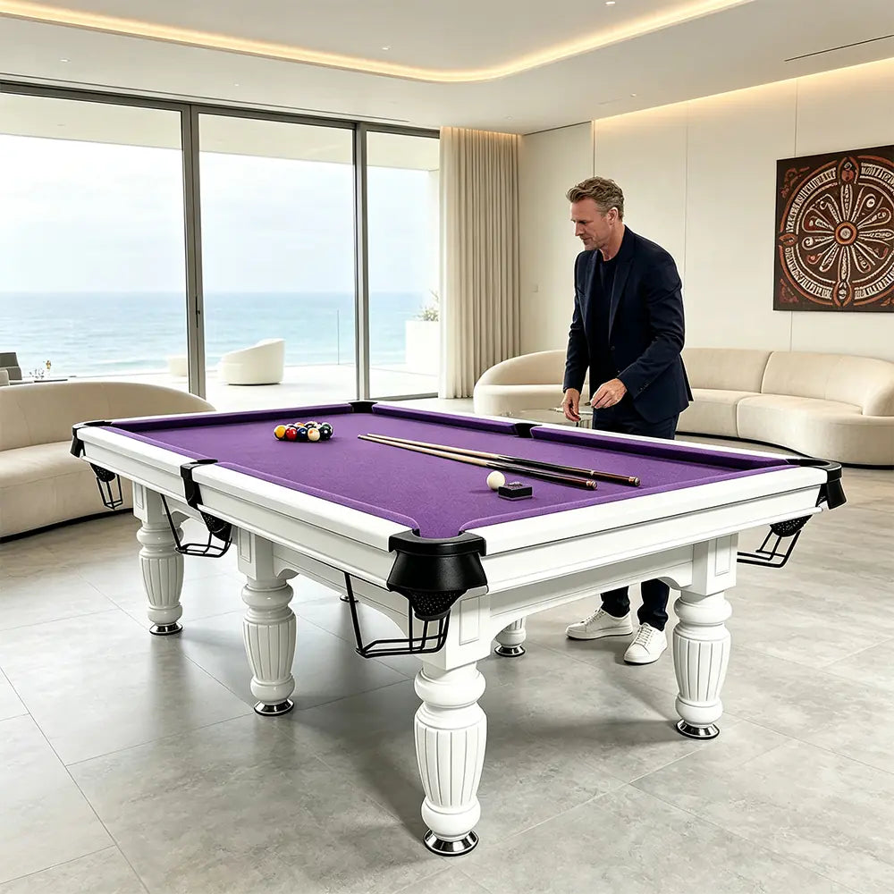 QUESLA 7/8/9FT Slate Pool Table 20mm Slate Solid Timber Adjustable Levellers for Home Club Office - White Frame & Purple Felt
