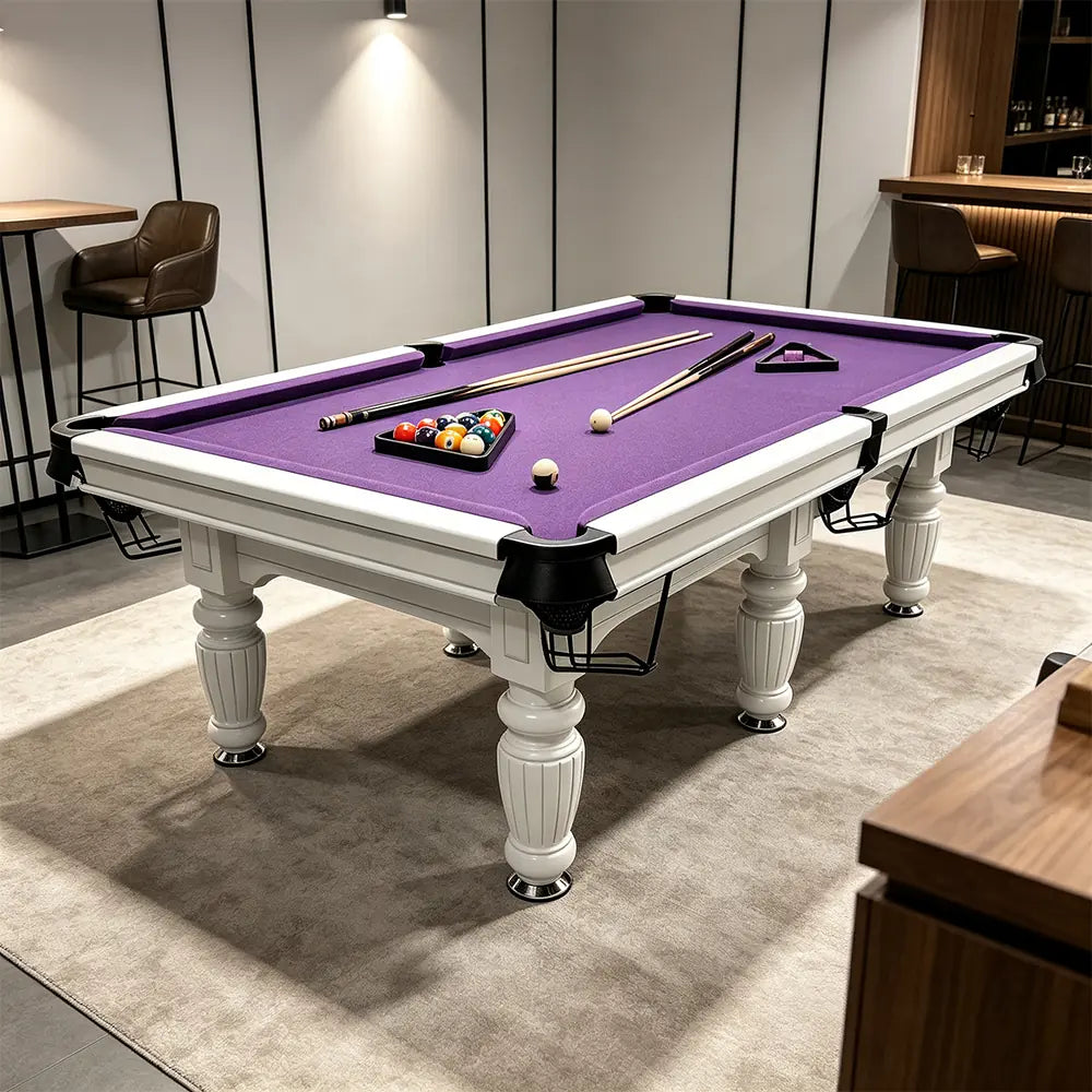 QUESLA 7/8/9FT Slate Pool Table 20mm Slate Solid Timber Adjustable Levellers for Home Club Office - White Frame & Purple Felt