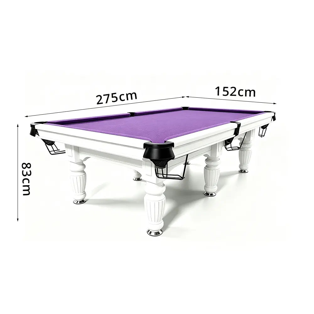 QUESLA 7/8/9FT Slate Pool Table 20mm Slate Solid Timber Adjustable Levellers for Home Club Office - White Frame & Purple Felt