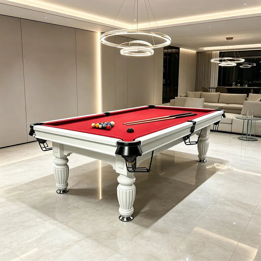 QUESLA 7/8/9FT Slate Pool Table 20mm Slate Solid Timber Adjustable Levellers for Home Club Office - White Frame & Red Felt