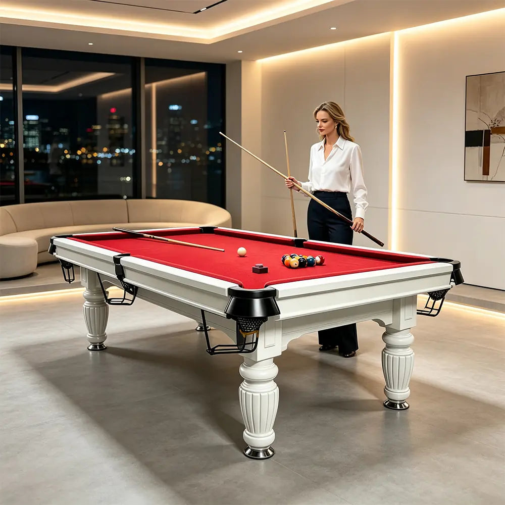 QUESLA 7/8/9FT Slate Pool Table 20mm Slate Solid Timber Adjustable Levellers for Home Club Office - White Frame & Red Felt
