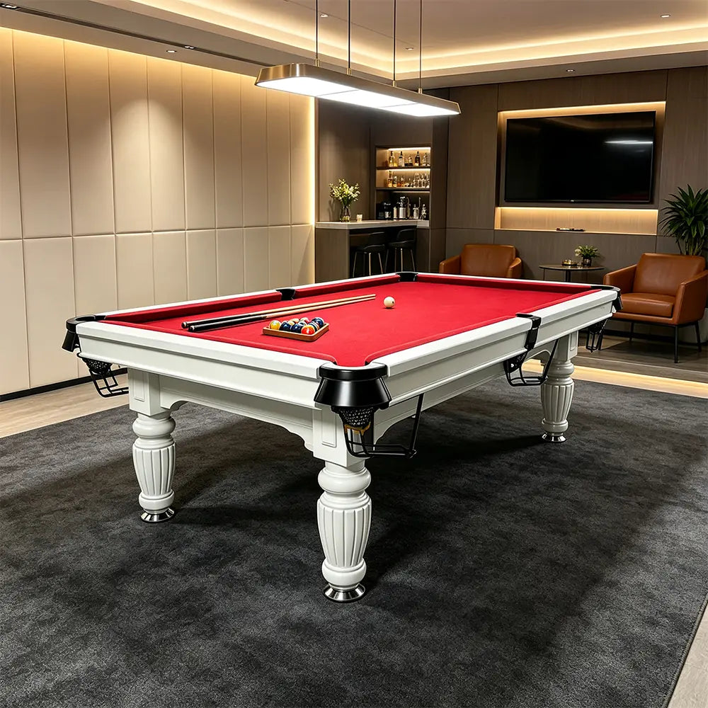 QUESLA 7/8/9FT Slate Pool Table 20mm Slate Solid Timber Adjustable Levellers for Home Club Office - White Frame & Red Felt