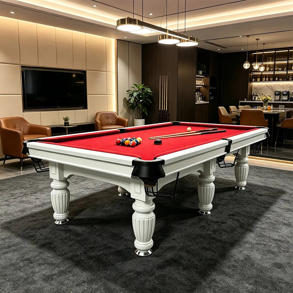 QUESLA 7/8/9FT Slate Pool Table 20mm Slate Solid Timber Adjustable Levellers for Home Club Office - White Frame & Red Felt