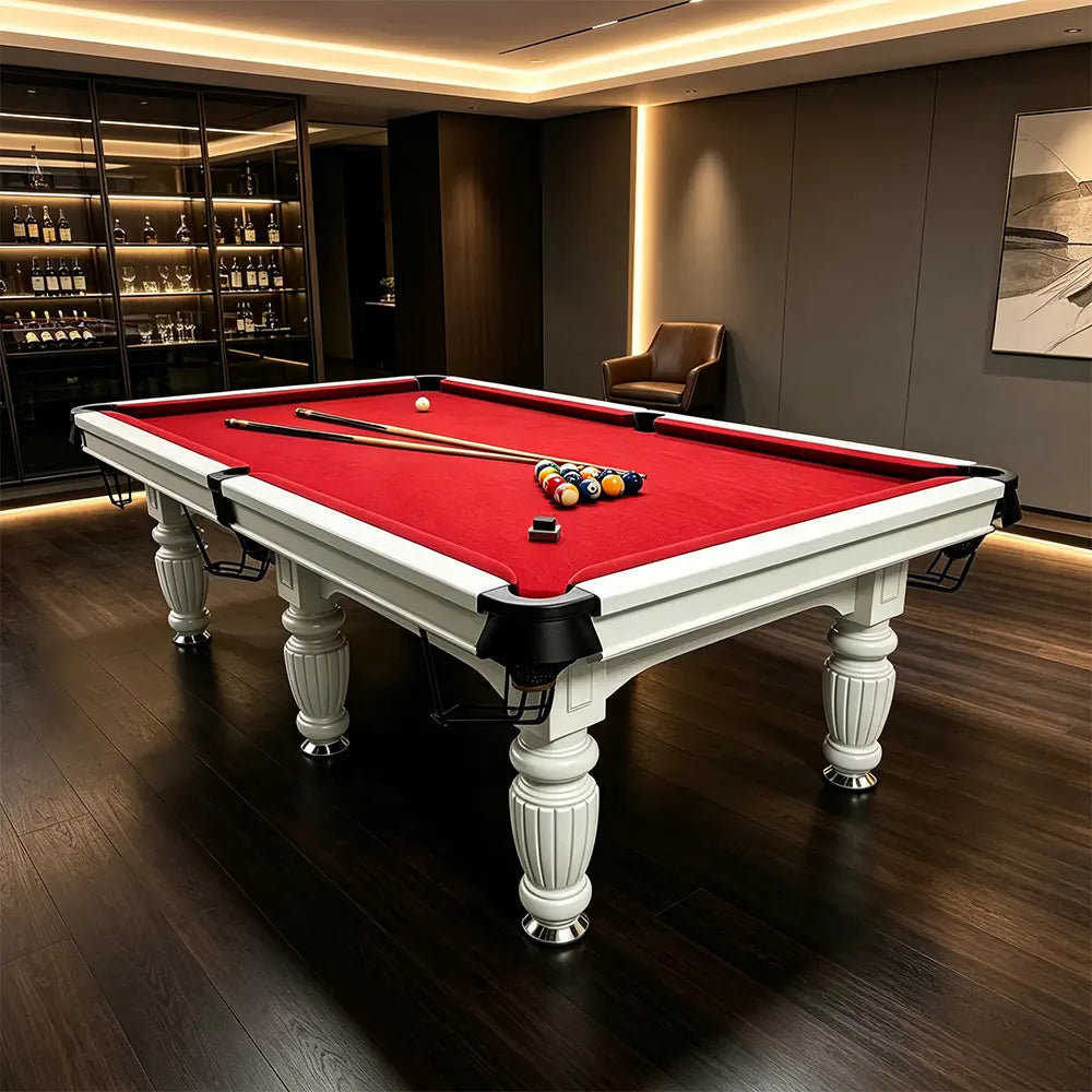 QUESLA 7/8/9FT Slate Pool Table 20mm Slate Solid Timber Adjustable Levellers for Home Club Office - White Frame & Red Felt