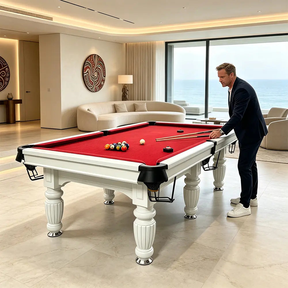 QUESLA 7/8/9FT Slate Pool Table 20mm Slate Solid Timber Adjustable Levellers for Home Club Office - White Frame & Red Felt