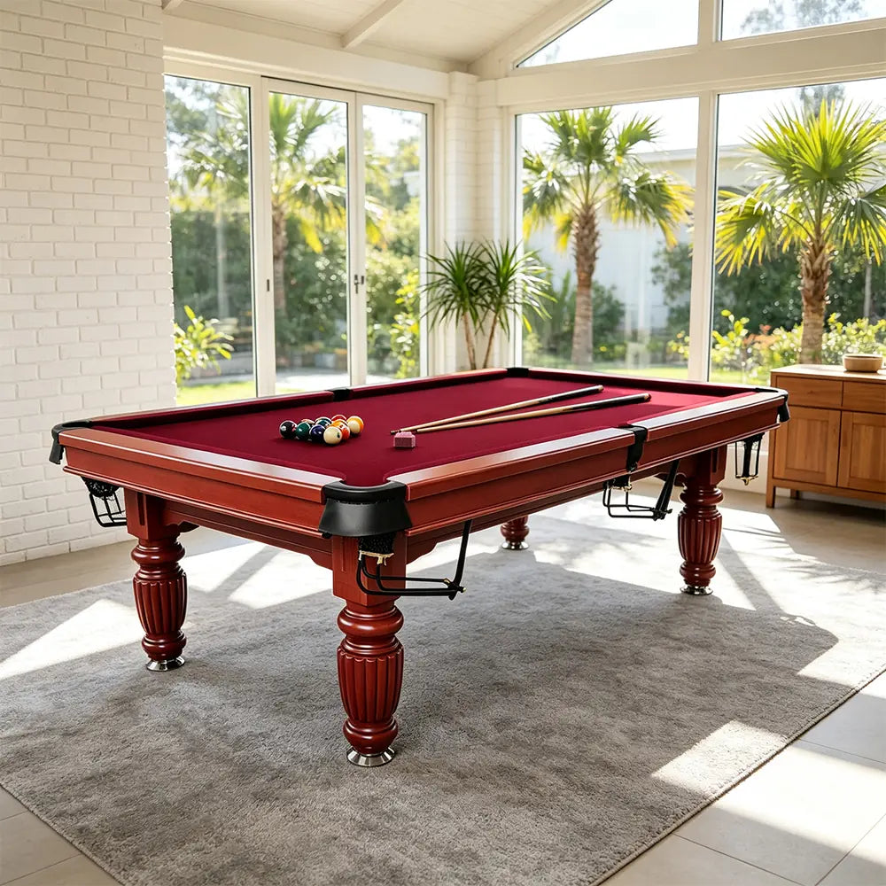 QUESLA 7/8/9FT Slate Pool Table 20mm Slate Solid Timber Adjustable Levellers for Home Club Office - Walnut Frame & Burgundy Felt