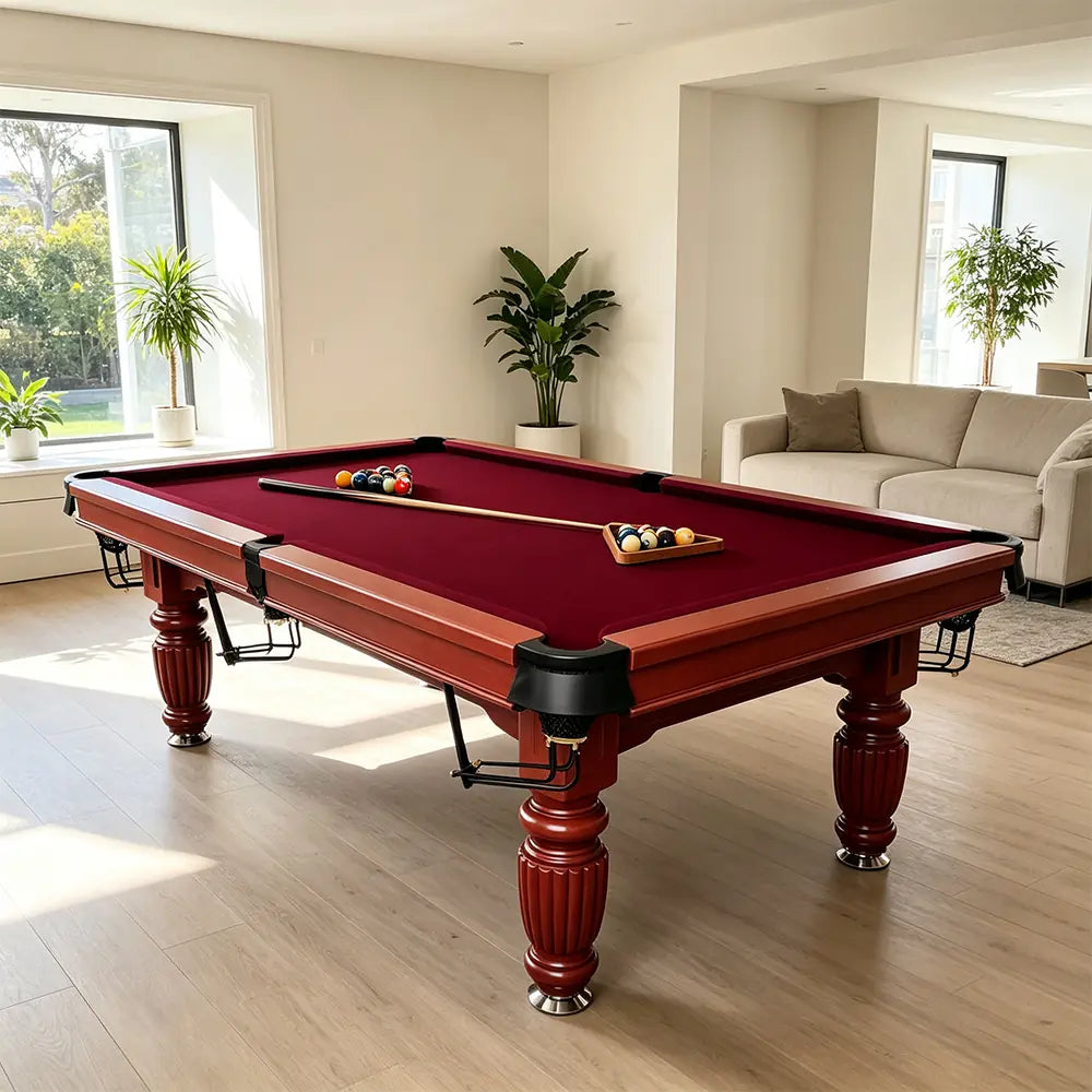 QUESLA 7/8/9FT Slate Pool Table 20mm Slate Solid Timber Adjustable Levellers for Home Club Office - Walnut Frame & Burgundy Felt