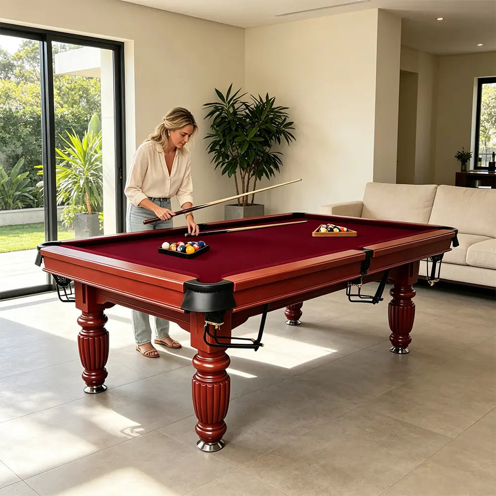 QUESLA 7/8/9FT Slate Pool Table 20mm Slate Solid Timber Adjustable Levellers for Home Club Office - Walnut Frame & Burgundy Felt