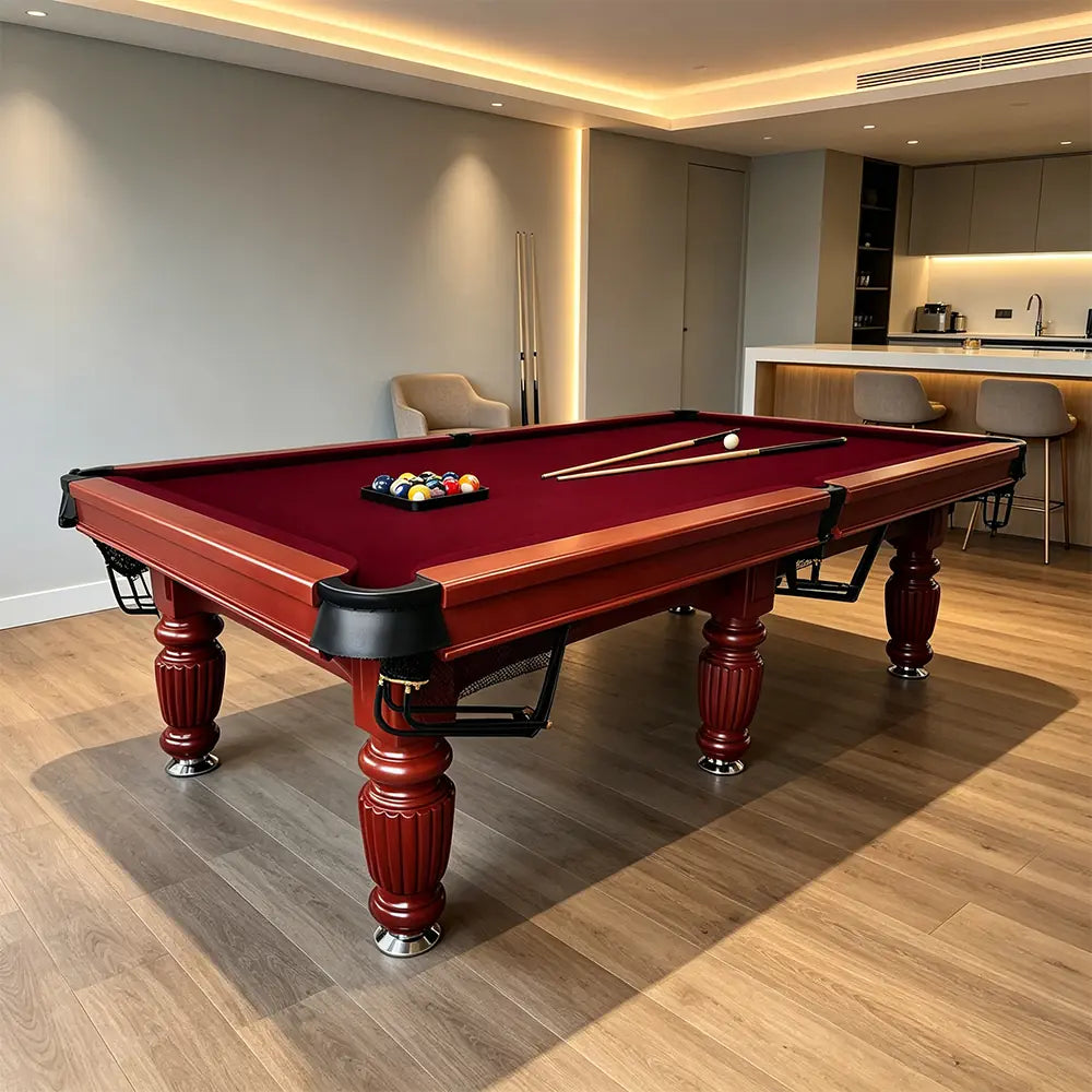 QUESLA 7/8/9FT Slate Pool Table 20mm Slate Solid Timber Adjustable Levellers for Home Club Office - Walnut Frame & Burgundy Felt