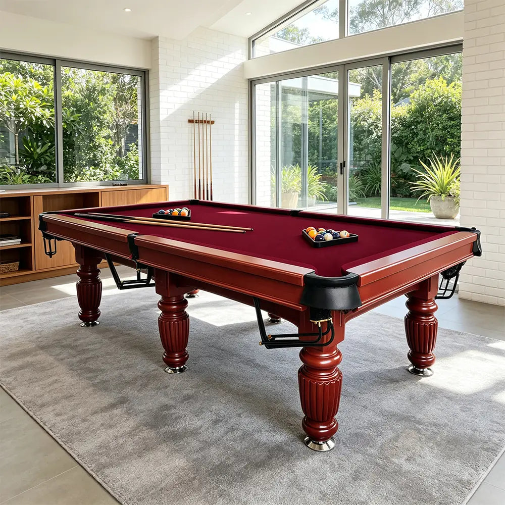 QUESLA 7/8/9FT Slate Pool Table 20mm Slate Solid Timber Adjustable Levellers for Home Club Office - Walnut Frame & Burgundy Felt