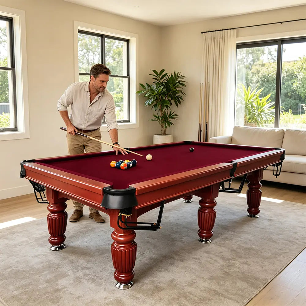 QUESLA 7/8/9FT Slate Pool Table 20mm Slate Solid Timber Adjustable Levellers for Home Club Office - Walnut Frame & Burgundy Felt