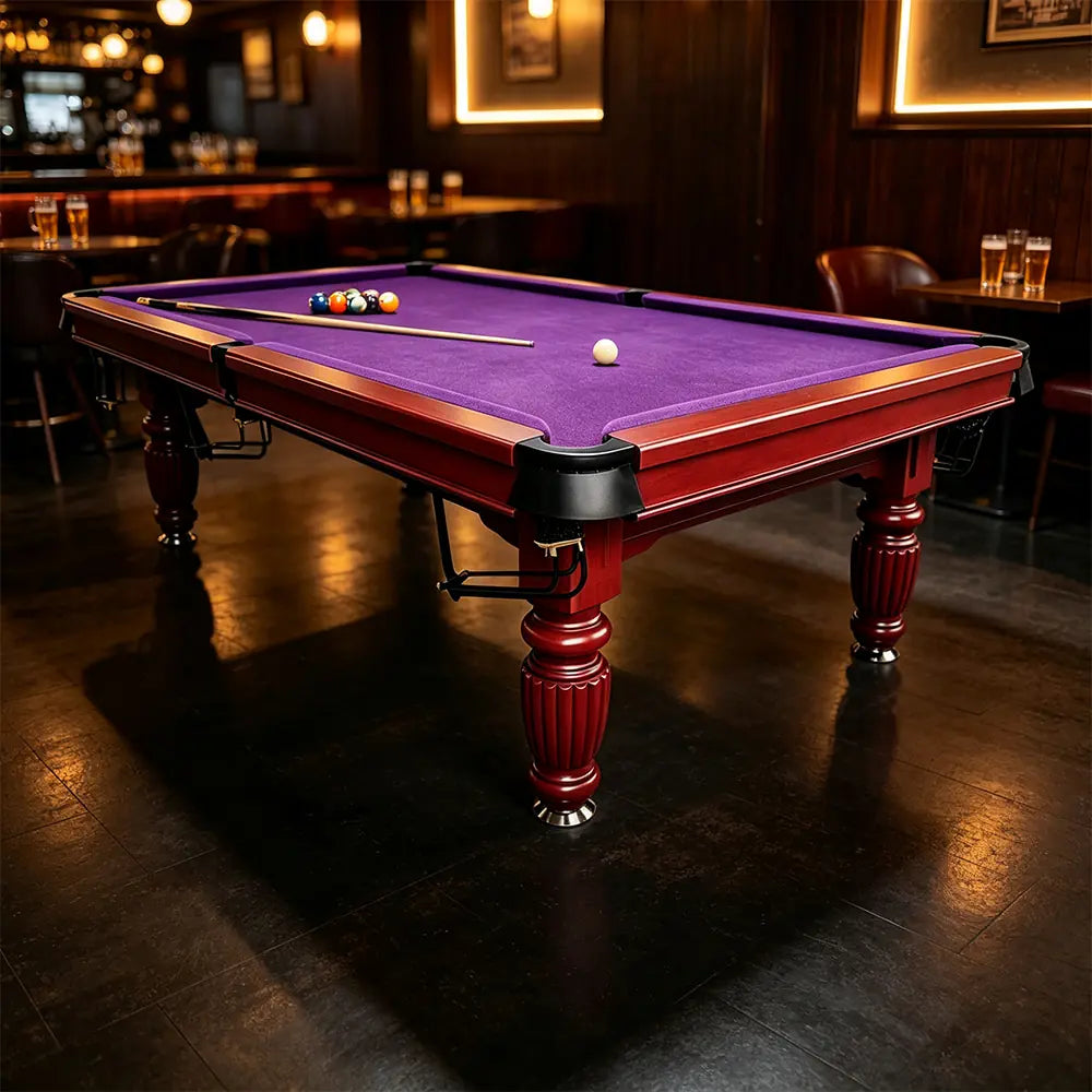 QUESLA 7/8/9FT Slate Pool Table 20mm Slate Solid Timber Adjustable Levellers for Home Club Office - Walnut Frame & Purple Felt