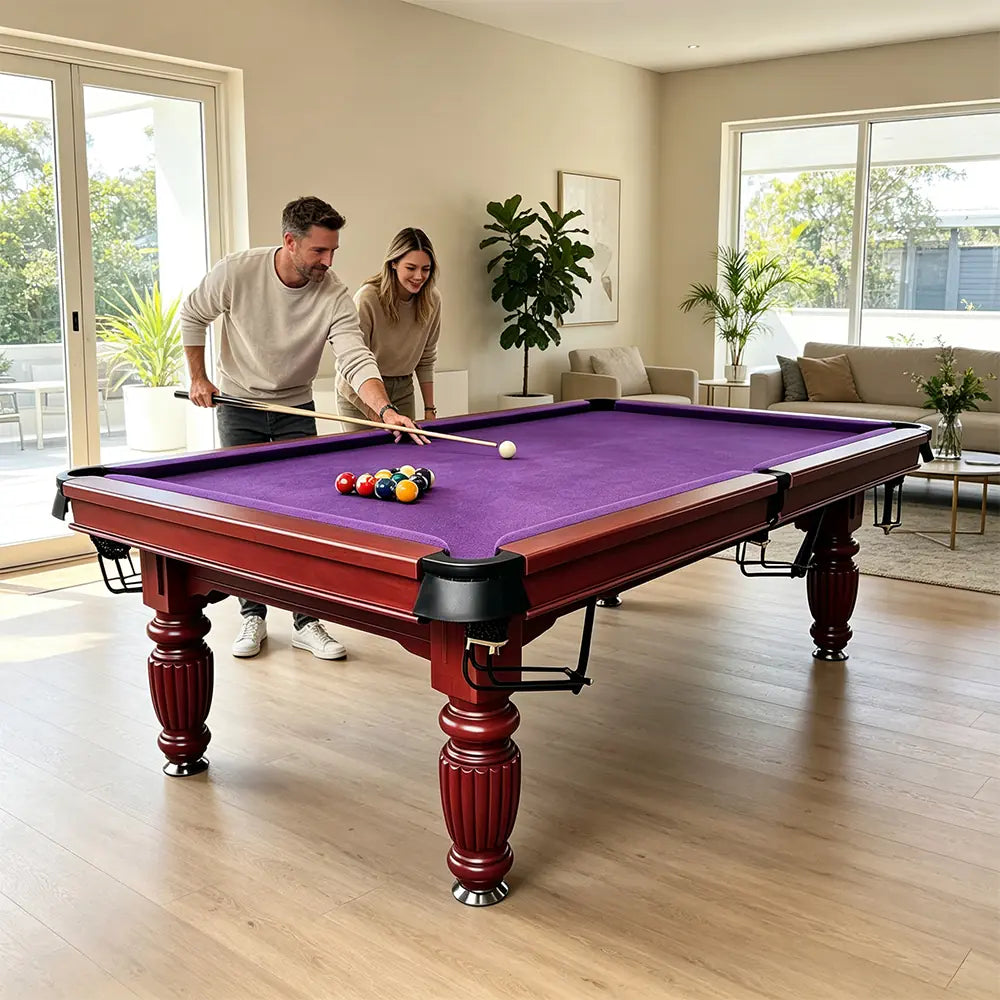 QUESLA 7/8/9FT Slate Pool Table 20mm Slate Solid Timber Adjustable Levellers for Home Club Office - Walnut Frame & Purple Felt