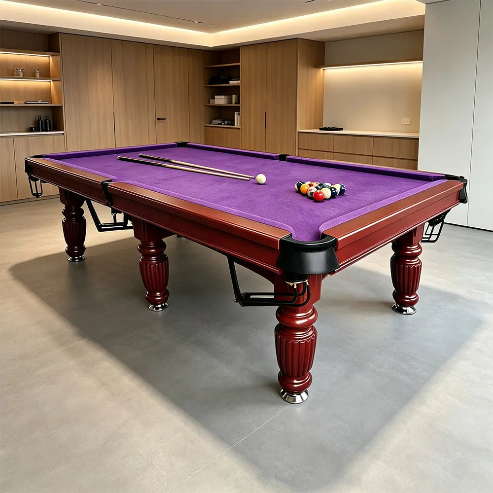 QUESLA 7/8/9FT Slate Pool Table 20mm Slate Solid Timber Adjustable Levellers for Home Club Office - Walnut Frame & Purple Felt