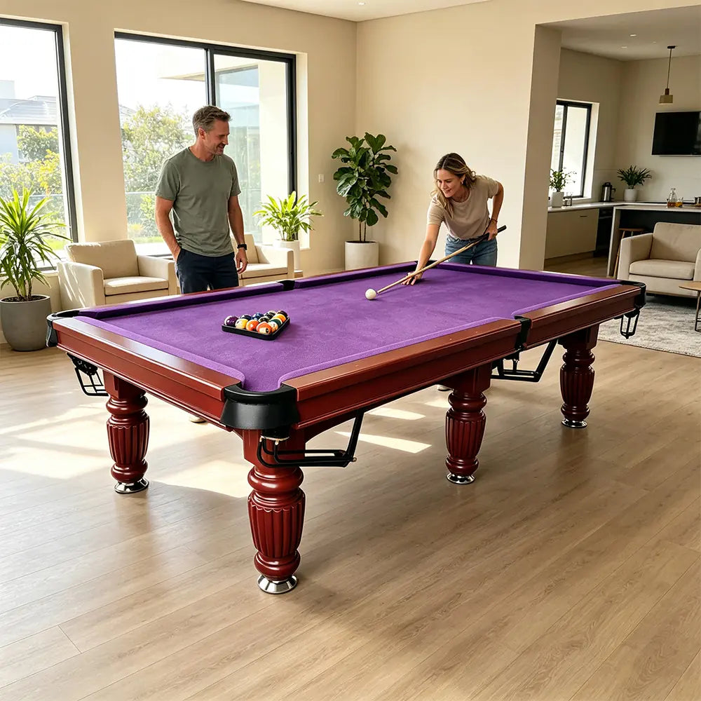 QUESLA 7/8/9FT Slate Pool Table 20mm Slate Solid Timber Adjustable Levellers for Home Club Office - Walnut Frame & Purple Felt