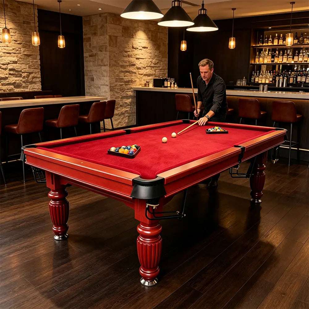 QUESLA 7/8/9FT Slate Pool Table 20mm Slate Solid Timber Adjustable Levellers for Home Club Office - Walnut Frame & Red Felt