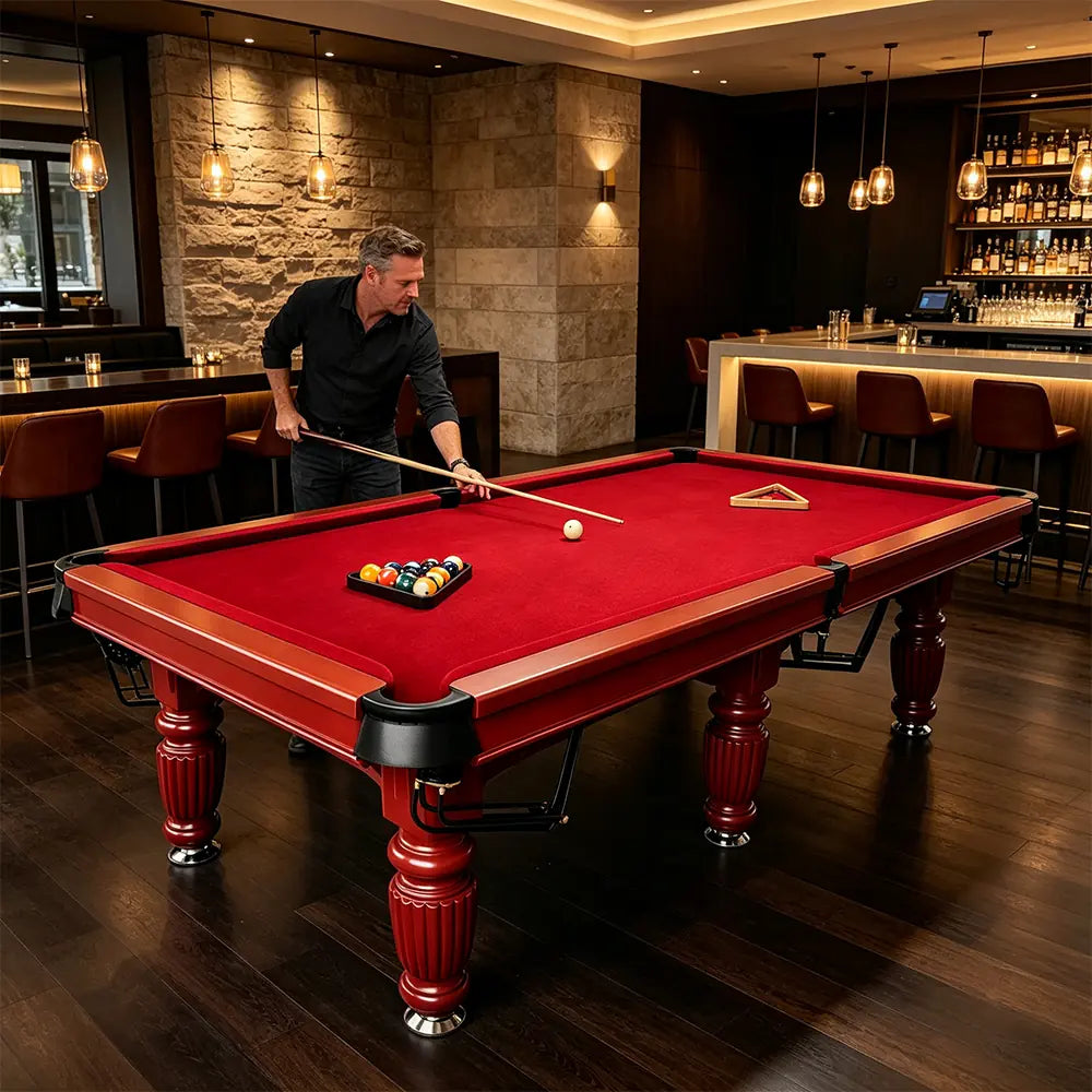 QUESLA 7/8/9FT Slate Pool Table 20mm Slate Solid Timber Adjustable Levellers for Home Club Office - Walnut Frame & Red Felt