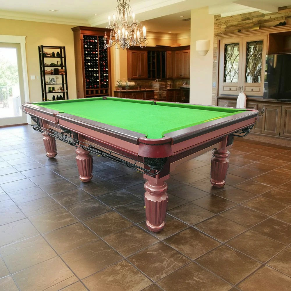 QUESLA 9FT Billiard Table - Oak Rail, Solid Oak Underframe, Genuine Leather Pockets, Bluestone Slate Surface