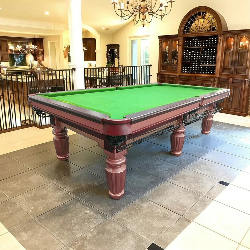QUESLA 9FT Billiard Table - Nordic Design, Reddish-Brown Frame, Sleek Style, Functional and Decorative