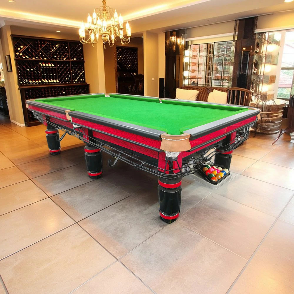 QUESLA 9FT Billiard Table - Solid Oak Frame, Copper Pockets, Bluestone Slate Surface, Durable Precision Play - Red