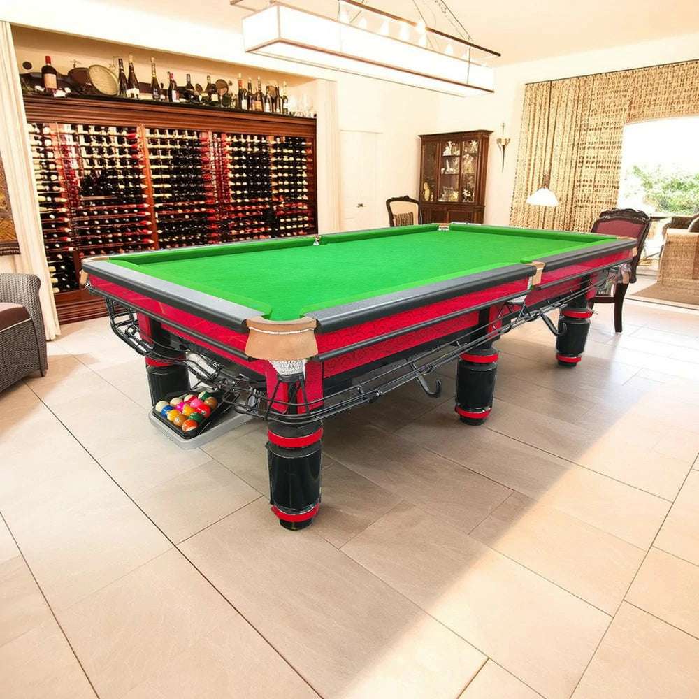 QUESLA 9FT Billiard Table - Solid Oak Frame, Copper Pockets, Bluestone Slate Surface, Durable Precision Play - Red