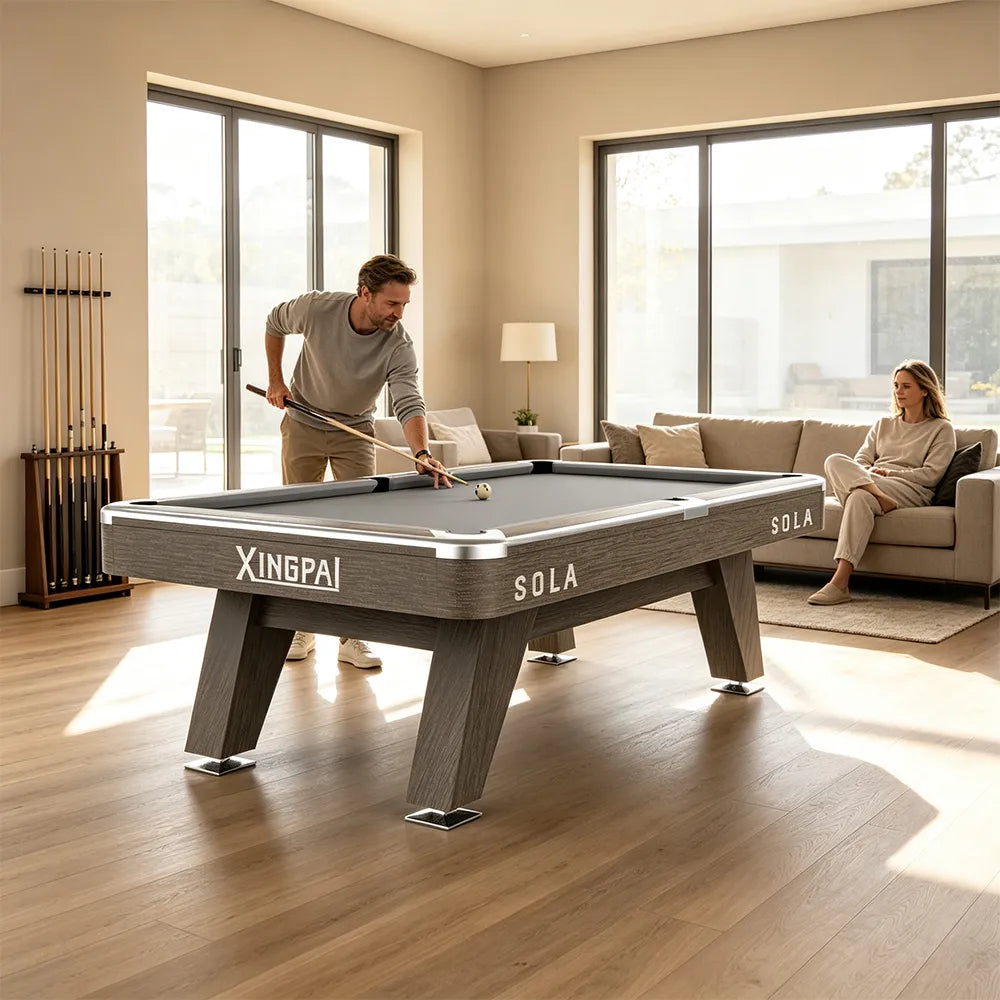 XINGPAI SOLA 9FT Professional Billiard Table - Slate Surface Pool Table with Solid Wood Rails & K55 Rubber for Home Club Game Room - Grey
