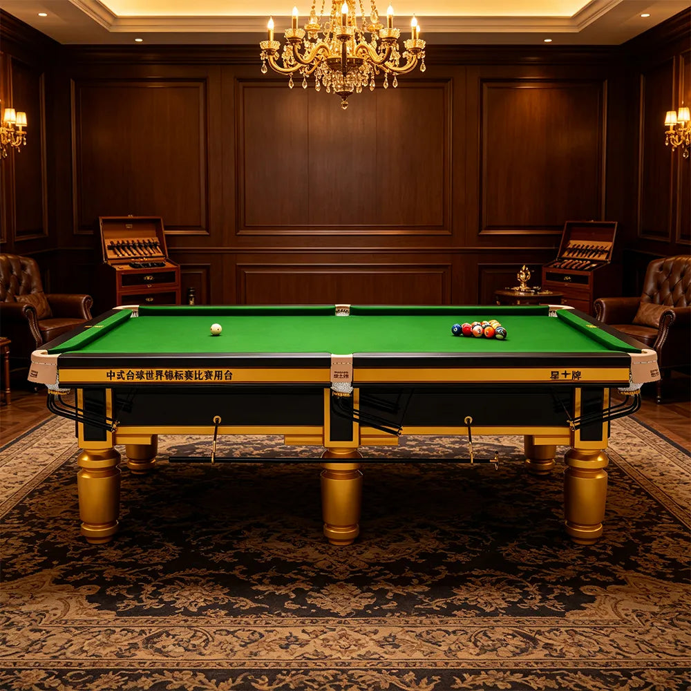 XINGPAI C110 9FT Professional Billiard Table - 50mm Slate 18-Point Steel Frame Tournament Style Pool Table for Home Game Room - Gold