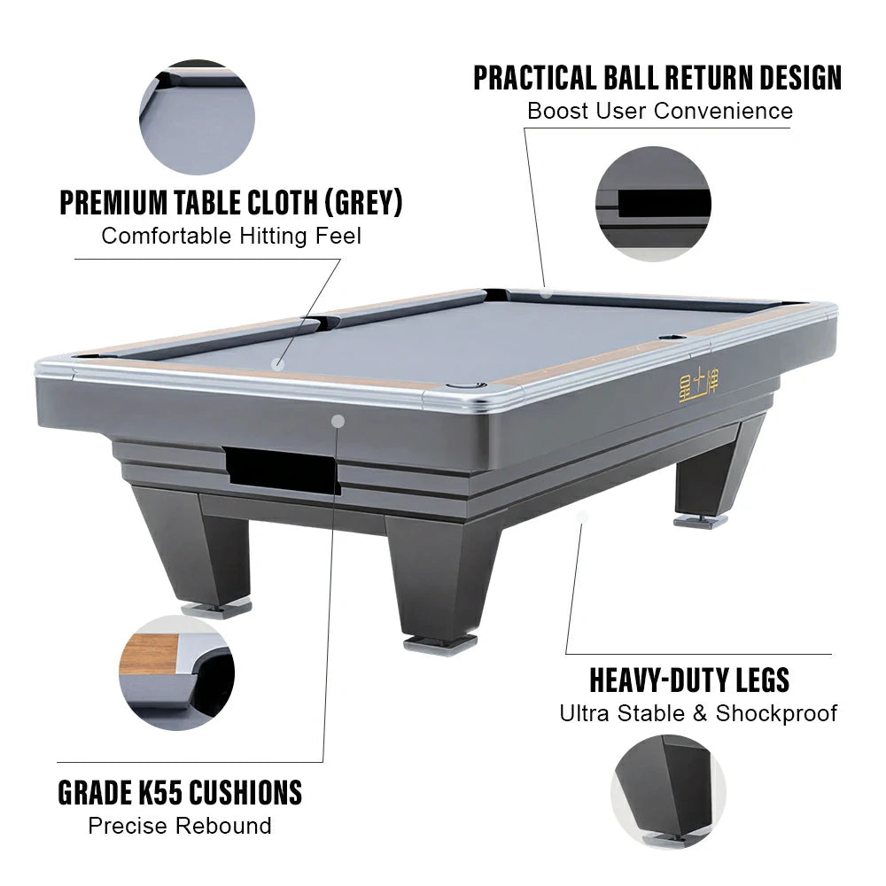 XINGPAI Amber 7/8/9FT Slate Pool Table, Carbon Steel Frame with Oak-Pine Construction, Premium Rubber Cushions, Ivory Finish, Tournament-Grade Professional Design, Free Accessories Package - Grey