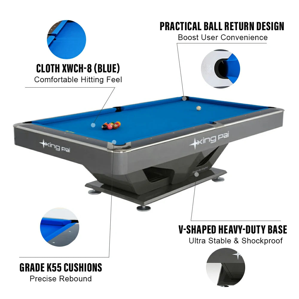 XINGPAI Eagle Eye 7/8/9FT Slate Pool Table, Carbon Steel Frame with Oak-Pine Structure, Ivory Meranti Veneer, K55 Cushions, Tournament-Grade Precision Design, Free Accessories Package - Silvery