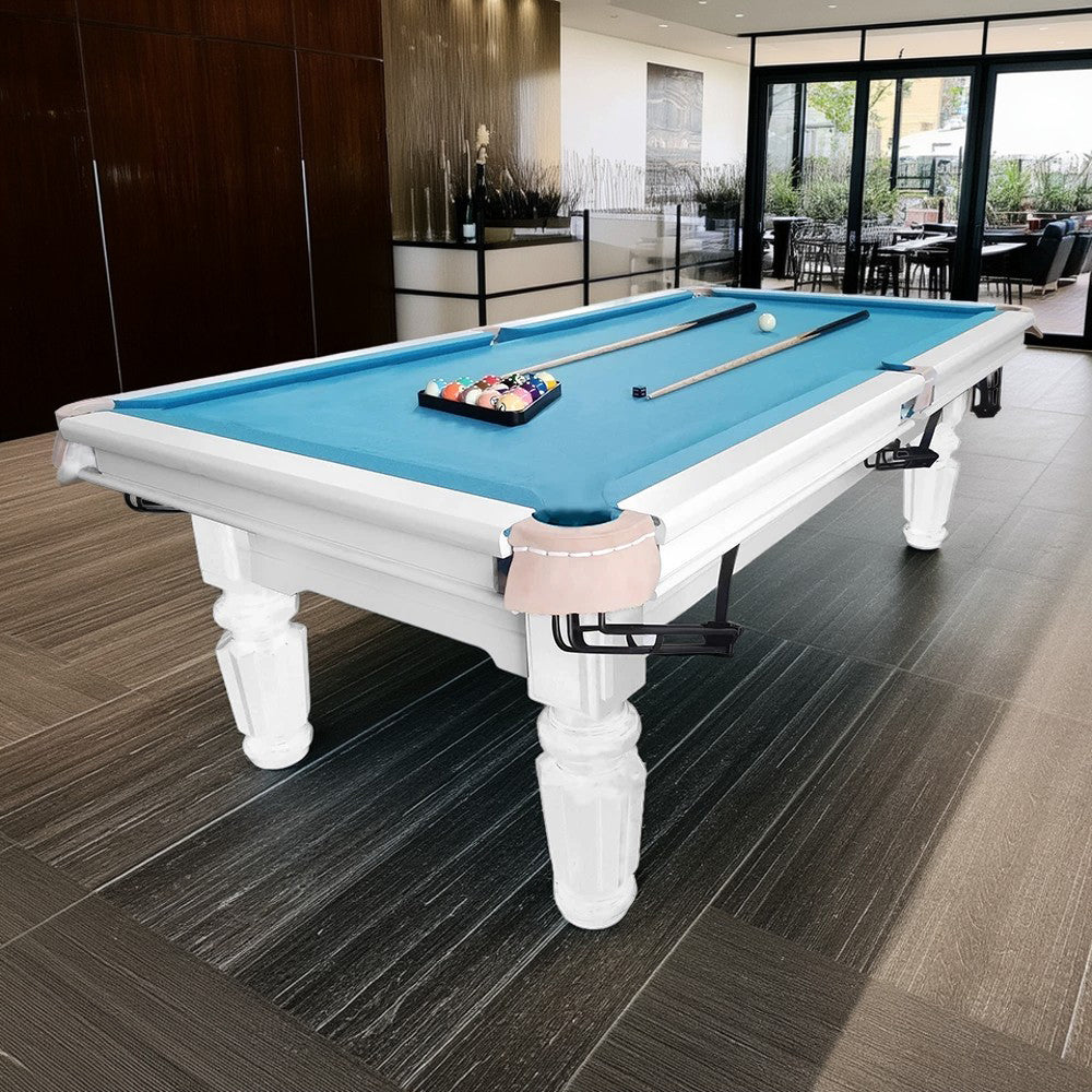 QUESLA 4.5cm Thickness Slate 8FT Steel Handrail Luxurious Pool Table - White&Blue