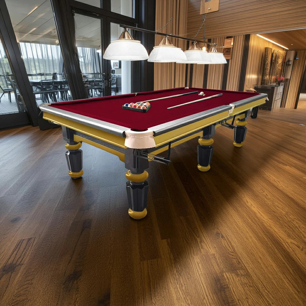 QUESLA 4.5cm Thickness Slate 9FT Steel Handrail Luxury Pool Snooker Billiard Table with Elegant Brass Detailing